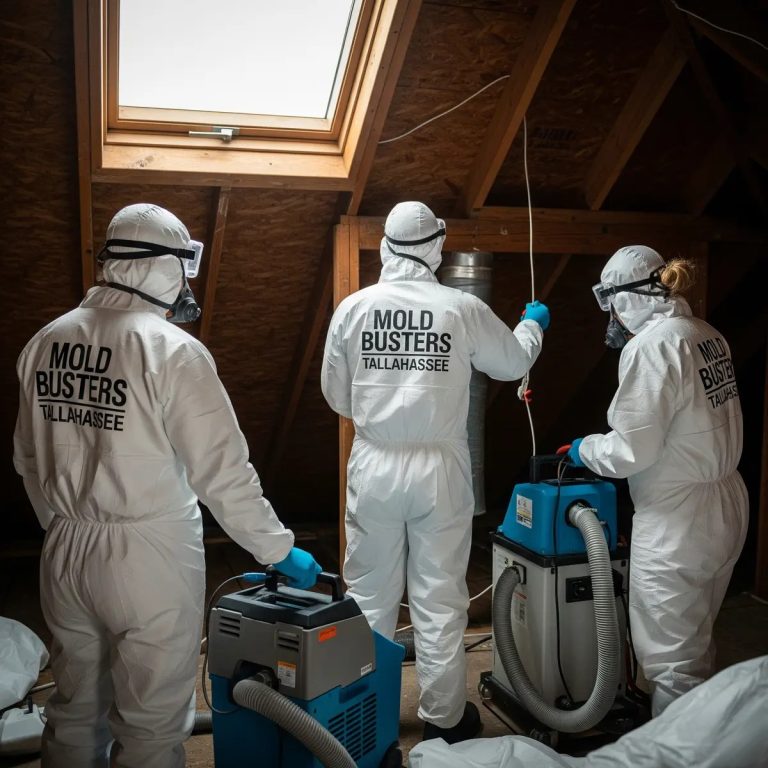 team of people where white covering cleaning mold
